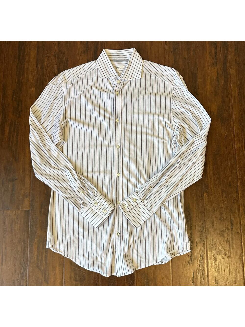 BRUNELLO CUCINELLI Dress Shirt White Striped Basic Fit Cotton Luxury